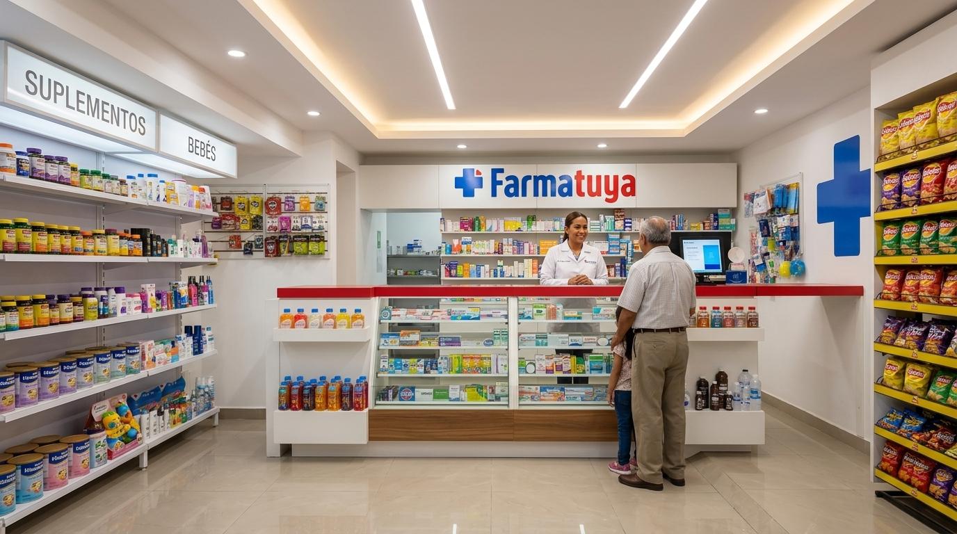 Interior de una sucursal Farmatuya con mostrador y productos bien organizados