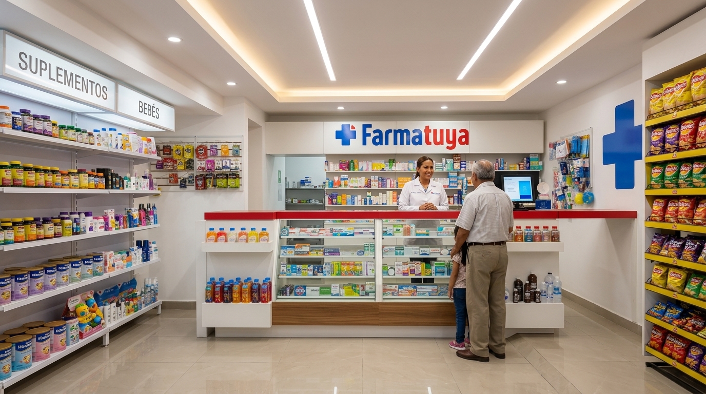 Interior de una sucursal Farmatuya con mostrador y productos bien organizados